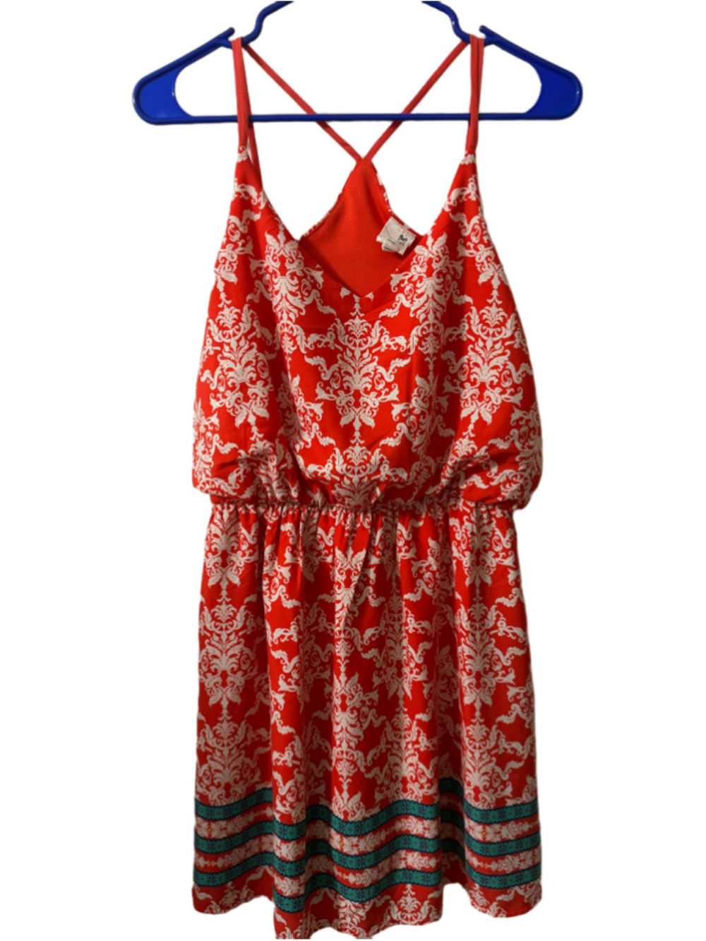 Pink Owl Apparel Women’s M Coral White Damask Strappy Summer Dress Boho